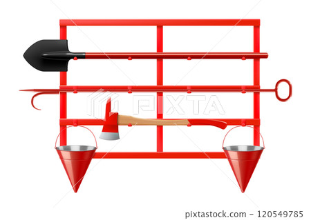 Open-type fire-fighting equipment stand with a tipping sandbox A stand with a fire shovel, a fire bucket, an axe, a fire extinguisher and a fireman's helmet. Realistic 3D vector illustration. 120549785