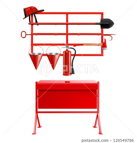 Open-type fire-fighting equipment stand with a tipping sandbox A stand with a fire shovel, a fire bucket, an axe, a fire extinguisher and a fireman's helmet. Realistic 3D vector illustration. 120549786