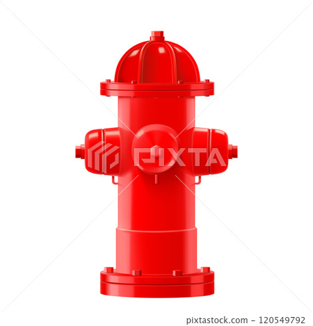 Closeup of bright red fire hydrant isolated on white background. Tool used by firefighters for extinguishing flames. Realistic 3d vector illustration Closeup of bright red fire hydrant isolated on white background. Tool used by firefighters for extinguishing flames. Realistic 3d vector illustration 120549792