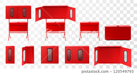 Set of open-type and closed-type fire-fighting equipment stands, Fire Extinguisher Cabinets and sandboxes. Closed and opened red fire cabinets. Realistic 3d vector illustration. Set of open-type and closed-type fire-fighting equipment stands, Fire Extinguisher Cabinets and sandboxes. Closed and opened red fire cabinets. Realistic 3d vector illustration. 120549793