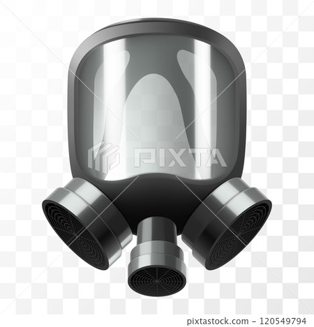 Face masks for Fire Safety and Fire Fighters. Full face gas black mask with transparent glass isolated on white background, post apocalyptic respirator. Realistic 3d vector 120549794