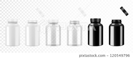 Opened and closed white and black plastic medical pill bottles, 3d realistic vector illustration. Mock Up Template set of medicine package for pills, capsule, drugs, isolated on white background 120549796