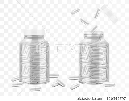 Jars with medical pills or capsules, isolated on transparent background. Medical bottles with drugs, glass or plastic container with open and closed lid. Vector 3d realistic illustration, mockup. 120549797