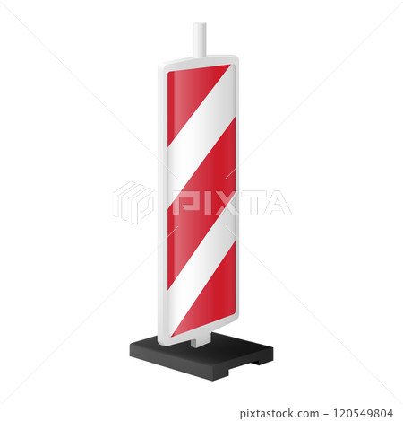 Red and white striped traffic control device for avoiding sections of the road being repaired. Isometric road pole. isolated. Safety delineator. Warning road sign. Realistic 3d vector. safety traffic 120549804