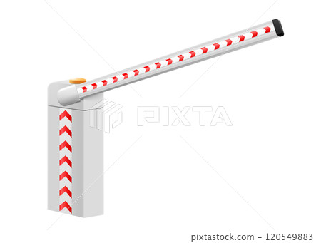 Isometric Automatic boom Barrier. Open automatic barrier gate for parking of car. Barricade with flashing lamp for security. Border for entrance to park, garage, construction and checkpoint. Vector. Isometric Automatic boom Barrier. Open automatic barrier gate for parking of car. Barricade with flashing lamp for security. Border for entrance to park, garage, construction and checkpoint. Vector. 120549883