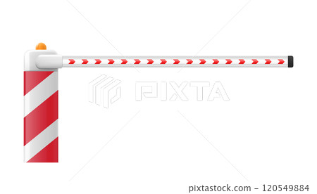 Universal boom barrier. Closed automatic barrier gate for parking of car. Barricade with flashing lamp for security. Border for entrance to park, garage, construction and checkpoint. Realistic Vector. Universal boom barrier. Closed automatic barrier gate for parking of car. Barricade with flashing lamp for security. Border for entrance to park, garage, construction and checkpoint. Realistic Vector. 120549884