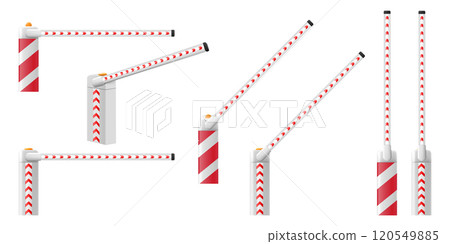 Set of universal boom barriers. Closed and open automatic barriers gates for parking of car. Barricade with flashing lamp for security. Border for entrance to park, garage, checkpoint. Realistic. 120549885