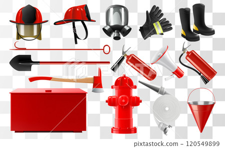 Set of fire fighting equipment, including protective gloves, boots, stands, shovel, axe, hydrant, helmet, hose, fire bucket, extinguisher, gas mask isolated on white background. Realistic 3d vector 120549899