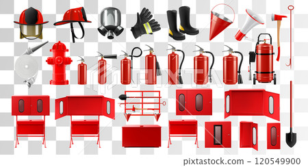 Set of fire fighting equipment, including protective gloves, boots, stands, shovel, axe, hydrant, helmet, hose, fire bucket, extinguisher, gas mask isolated on white background. Realistic 3d vector 120549900