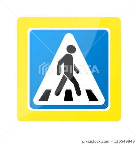 Pedestrian crossing sign on blue background. Concept of traffic regulations. road safety in the city, Pedestrian on zebra crossing icon. Realistic 3d vector illustration isolated on white background. 120549949