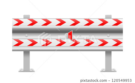 Metallic road barrier fence, isolated on white background. Design elements of the guardrails. Realistic 3d roadblock for safety on highway. Vector illustration 120549953