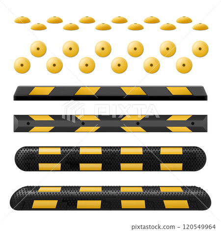 Speed bump element or obstacle on the road to reduce speed on the road. Sleeping policeman. Road safety regulations. Lying Policeman isolated on white. Traffic rules concept. Realistic 3d vector 120549964