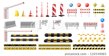 Set of traffic light, boom barrier gate, road barrier fence, speed bump ,road cone. Striped yellow and black barriers for blocking road. Speed bump element or obstacle on the road. Realistic 3d Vector 120549965