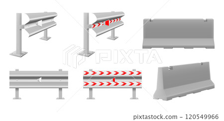 Set of iron concrete road barriers for blocking road with a markup, isolated on white background. Realistic 3D isometric style, vector illustration. 120549966