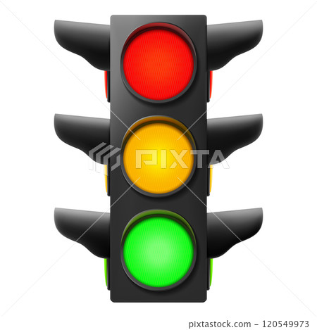 Traffic lights with all three colors on. Realistic 3d vector illustration isolated on white background. Road sign. Street regulation system signals, road safety in the city, 120549973