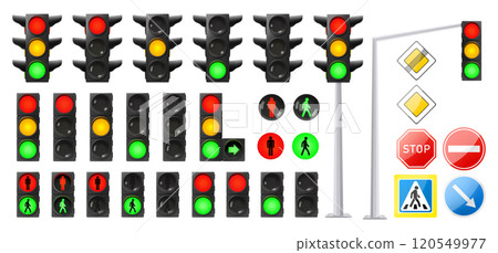 Set of road street signs for vehicles and pedestrians. Priority roads, speed limit and restriction stop signboards. Stop, direction of traffic, pedestrian crossing, Traffic lights. Realistic 3d vector Set of road street signs for vehicles and pedestrians. Priority roads, speed limit and restriction stop signboards. Stop, direction of traffic, pedestrian crossing, Traffic lights. Realistic 3d vector 120549977