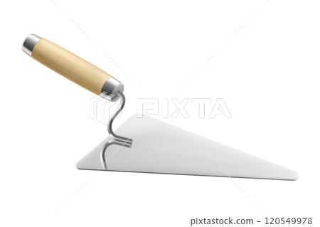 Isometric cement trowel isolated on white background. Realistic bricklayer trowel vector icon for web design. Spatula with a wooden handle. Construction tool. Vector illustration. 3D. Isometric cement trowel isolated on white background. Realistic bricklayer trowel vector icon for web design. Spatula with a wooden handle. Construction tool. Vector illustration. 3D. 120549978