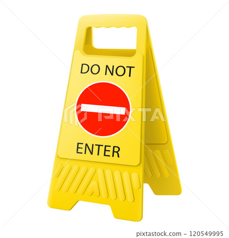 RED sign do not enter isolated warning sign do not enter. Double-sided folding yellow display stand with editable design. Public warning symbol. Realistic 3d vector illustration 120549995
