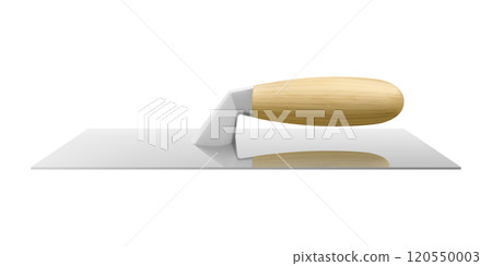 Isometric plastering trowel isolated on white background. Bricklayer trowel. Metal Four-sided Stucco Trowel with wooden handle. Construction tool. Realistic vector illustration. 3D. 120550003