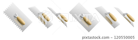 Set of bricklayer and stucco trowels isolated on white. Four-sided cement trowel, plastering trowel, notched tiling trowel isolated on white background. Construction tool. Realistic vector 3d Set of bricklayer and stucco trowels isolated on white. Four-sided cement trowel, plastering trowel, notched tiling trowel isolated on white background. Construction tool. Realistic vector 3d 120550005