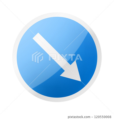 Road arrow sign. Road sign one way, blue and round, white color arrow pointing direction right and down, realistic 3d vector illustration 120550008
