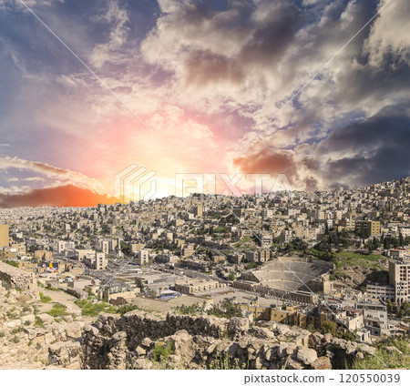 Amman city landmarks-- old roman Citadel Hill, Jordan. Against the background of a beautiful sky with clouds 120550039