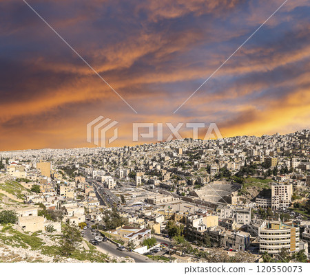 Amman city landmarks-- old roman Citadel Hill, Jordan. Against the background of a beautiful sky with clouds 120550073