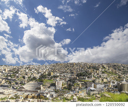 Amman city landmarks-- old roman Citadel Hill, Jordan. Against the background of a beautiful sky with clouds 120550092