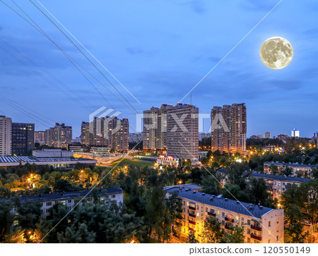 Aerial view of Moscow (night) and full moon, Cheryomushki district near Profsoyuznaya metro station, Russia Aerial view of Moscow (night) and full moon, Cheryomushki district near Profsoyuznaya metro station, Russia 120550149