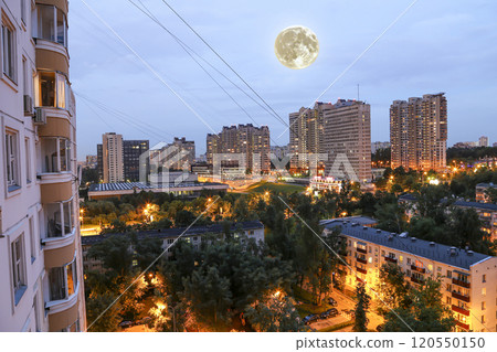 Aerial view of Moscow (night) and full moon, Cheryomushki district near Profsoyuznaya metro station, Russia Aerial view of Moscow (night) and full moon, Cheryomushki district near Profsoyuznaya metro station, Russia 120550150