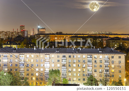 Aerial view of Moscow (night) and full moon, Cheryomushki district near Profsoyuznaya metro station, Russia 120550151