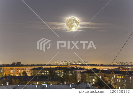Aerial view of Moscow (night) and full moon, Cheryomushki district near Profsoyuznaya metro station, Russia 120550152