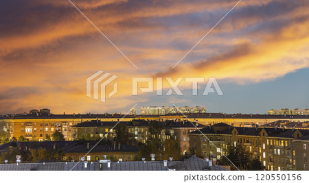 Aerial view of Moscow (night, against the sunset), Cheryomushki district near Profsoyuznaya metro station, Russia Aerial view of Moscow (night, against the sunset), Cheryomushki district near Profsoyuznaya metro station, Russia 120550156