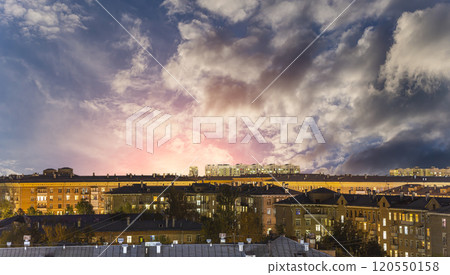 Aerial view of Moscow (night, against the sunset), Cheryomushki district near Profsoyuznaya metro station, Russia 120550158
