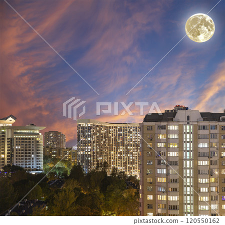 Aerial view of Moscow (night, against the sunset) and full moon, Cheryomushki district near Profsoyuznaya metro station, Russia Aerial view of Moscow (night, against the sunset) and full moon, Cheryomushki district near Profsoyuznaya metro station, Russia 120550162
