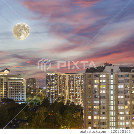Aerial view of Moscow (night, against the sunset) and full moon, Cheryomushki district near Profsoyuznaya metro station, Russia Aerial view of Moscow (night, against the sunset) and full moon, Cheryomushki district near Profsoyuznaya metro station, Russia 120550165