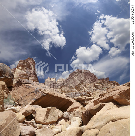 Mountains of Wadi Rum Desert also known as The Valley of the Moon is a valley cut into the sandstone and granite rock in southern Jordan 60 km to the east of Aqaba 120550257