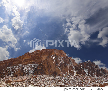 Mountains of Wadi Rum Desert also known as The Valley of the Moon is a valley cut into the sandstone and granite rock in southern Jordan 60 km to the east of Aqaba 120550276