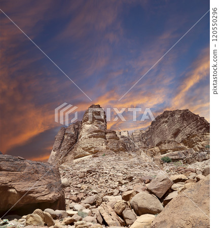 Mountains of Wadi Rum Desert also known as The Valley of the Moon is a valley cut into the sandstone and granite rock in southern Jordan 60 km to the east of Aqaba 120550296