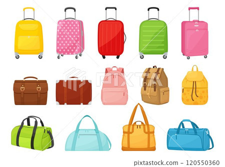 Plastic, metal, leather suitcases and bags. Travel suitcase, journey package, business bag, tripp luggage. Collection different bags, suitcases, backpacks, briefcases, Vector illustration. Flat design 120550360
