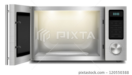 Vector 3d realistic microwave oven with light inside, with open door, front view isolated on background. Household appliance to heat and defrost food, for cooking, with timer and buttons 120550388