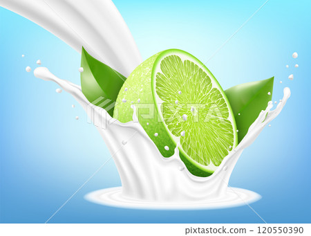 Fresh Lime With Milk Splash on Blue Background. Lime falls into milk, yoghurt, sour cream Splash. Realistic 3d vector illustration. Fresh Lime With Milk Splash on Blue Background. Lime falls into milk, yoghurt, sour cream Splash. Realistic 3d vector illustration. 120550390