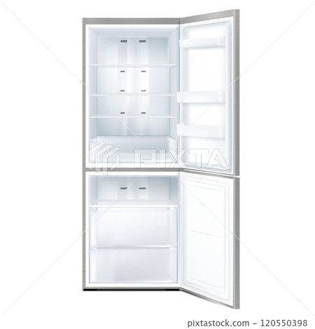 Empty open refrigerator isolated on white background. Front View of gray freezer with open doors. Realistic 3d vector Empty open refrigerator isolated on white background. Front View of gray freezer with open doors. Realistic 3d vector 120550398