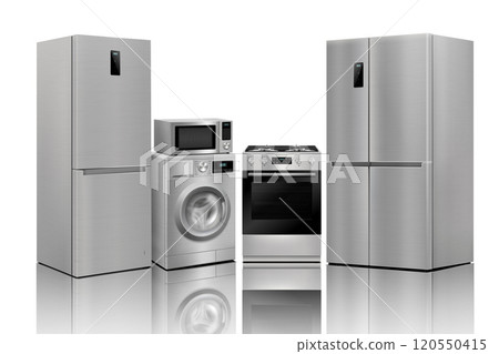 A set of household appliances: microwave oven, washing machine, refrigerator, vacuum cleaner, iron, stove, fan, air conditioner,TV, dishwasher, kettle. Realistic 3D vector, isolated 120550415