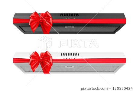 Kitchen hood with red ribbon and bow. 3D rendering. Gift concept. A set of white and black kitchen hoods tied with a ribbon. Realistic vector illustration isolated on white background 120550424