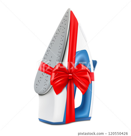 Iron with red ribbon and bow. 3D rendering. Gift concept. Realistic vector illustration isolated on white background Iron with red ribbon and bow. 3D rendering. Gift concept. Realistic vector illustration isolated on white background 120550426