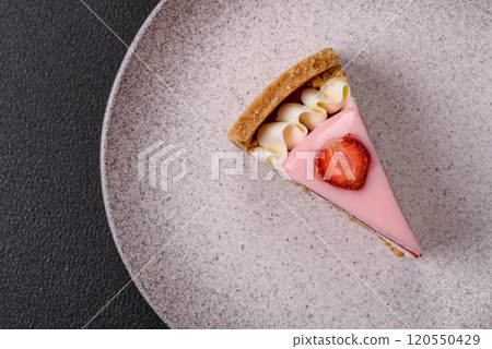 Sweet cheesecake with mascarpone or Philadelphia cheese, jelly and strawberries Sweet cheesecake with mascarpone or Philadelphia cheese, jelly and strawberries 120550429