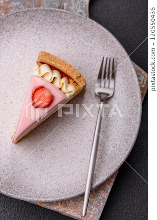 Sweet cheesecake with mascarpone or Philadelphia cheese, jelly and strawberries Sweet cheesecake with mascarpone or Philadelphia cheese, jelly and strawberries 120550436