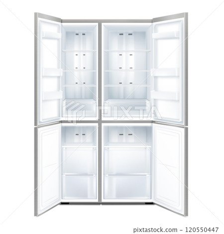 Front View of gray Double Door Refrigerator with open doors. Realistic 3d vector illustration isolated on white background. Front View of gray Double Door Refrigerator with open doors. Realistic 3d vector illustration isolated on white background. 120550447