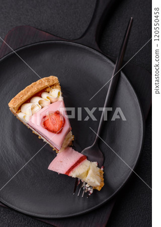 Sweet cheesecake with mascarpone or Philadelphia cheese, jelly and strawberries 120550458